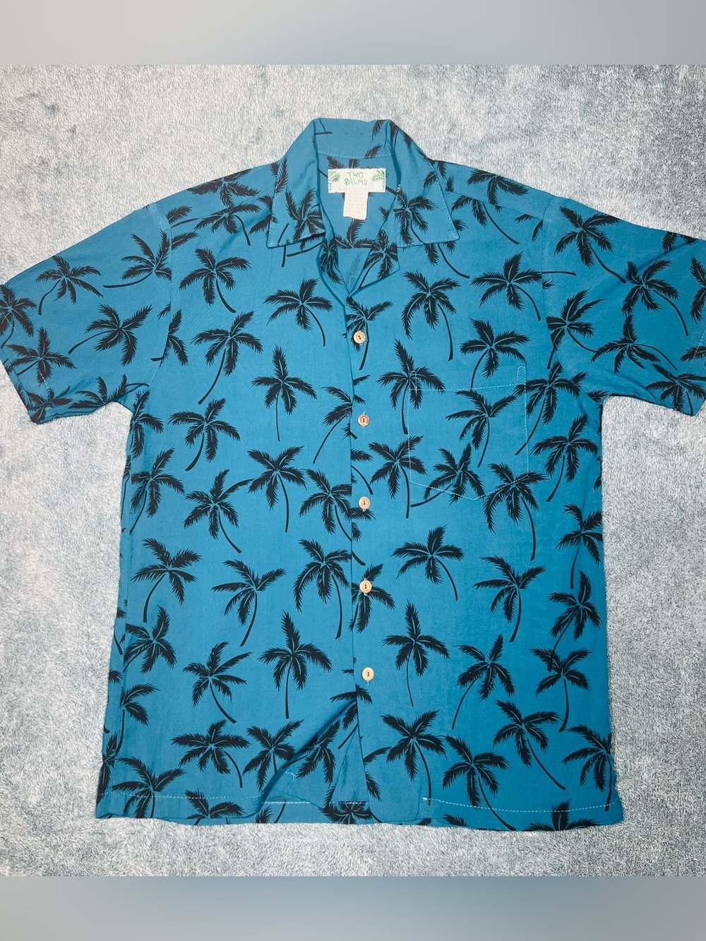 Two Palms Made in Hawaii Teal Palm Tree Aloha Shirt S